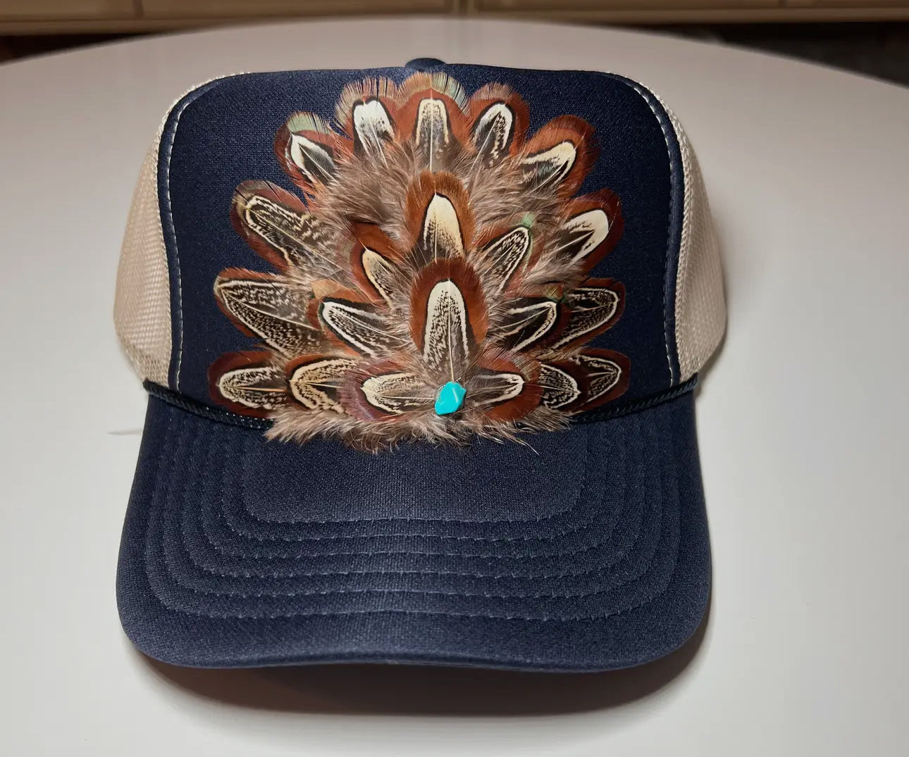 Feather Embellished Trucker Hat