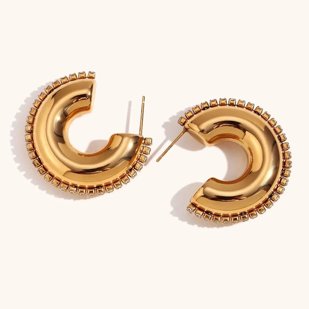 Gold Cz Rhinestone Hoop Earrings