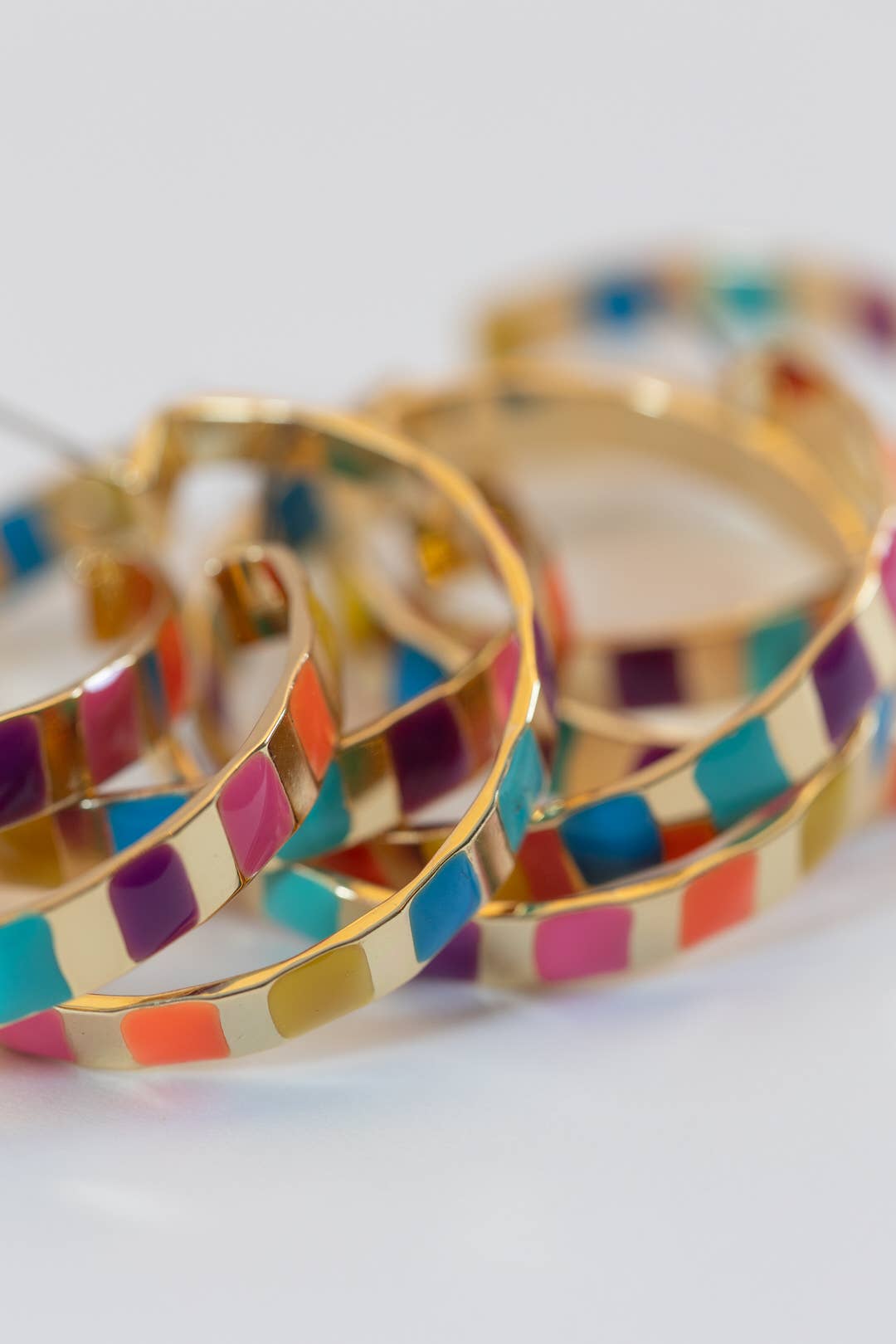 Gold and Rainbow Enamel Striped Hoop Statement Earrings