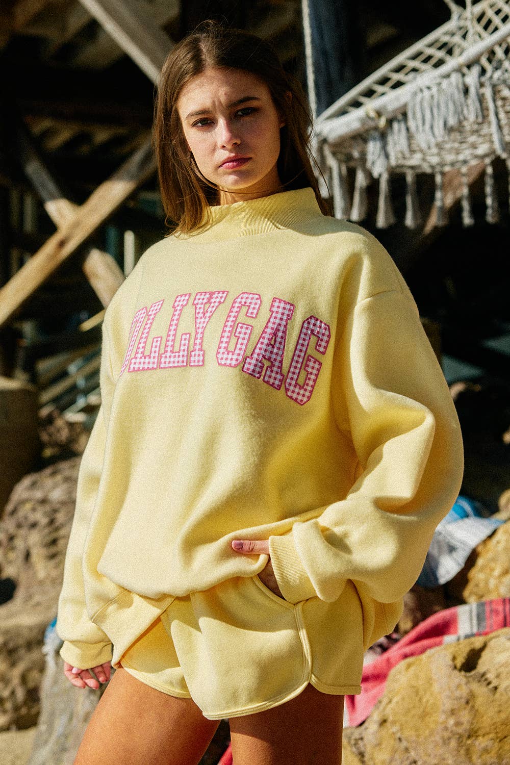 ‘DILLYDALLY/LOLLY GAG’ Reversible Mockneck Sweatshirt