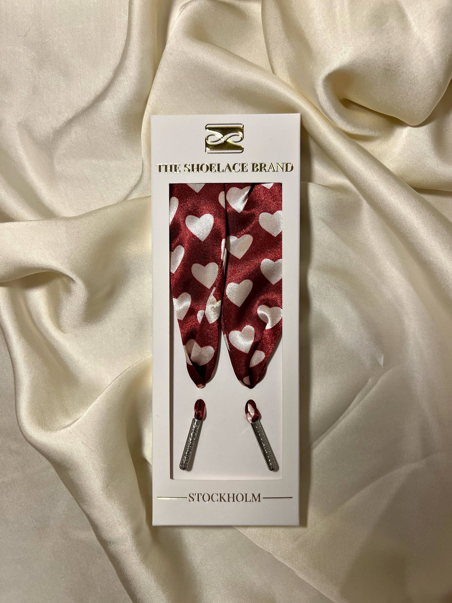 Burgundy Heart Scarf – Wide Satin Shoelaces with Hearts