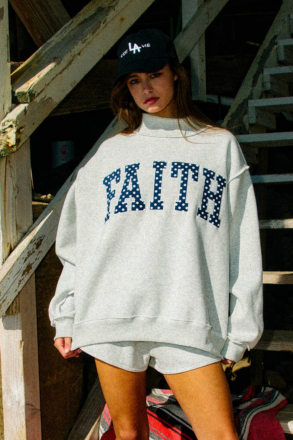 ‘FAITH’ Embroidered Polka-Dot Mock Neck Sweatshirt
