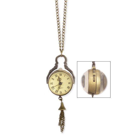 Burnished Gold Metal Sphere Watch Long Necklace