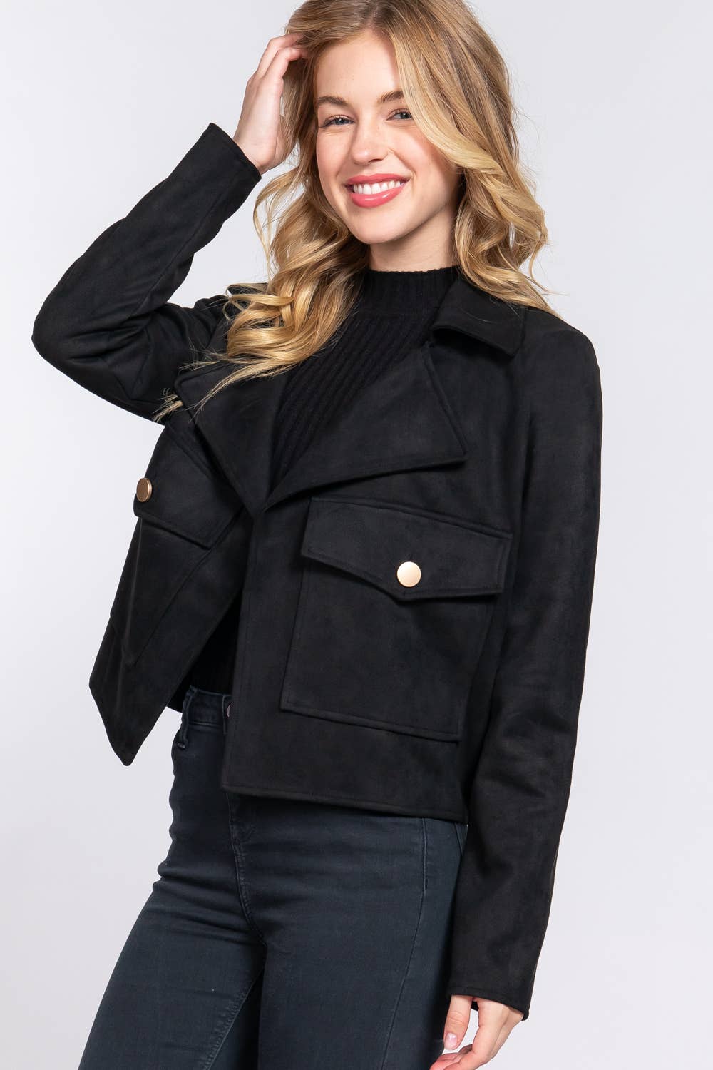 Long Sleeve Notched Collar Open Front Jacket