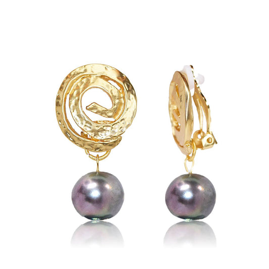 Elegant Black Pearl Drop Clip-On Circular Earrings