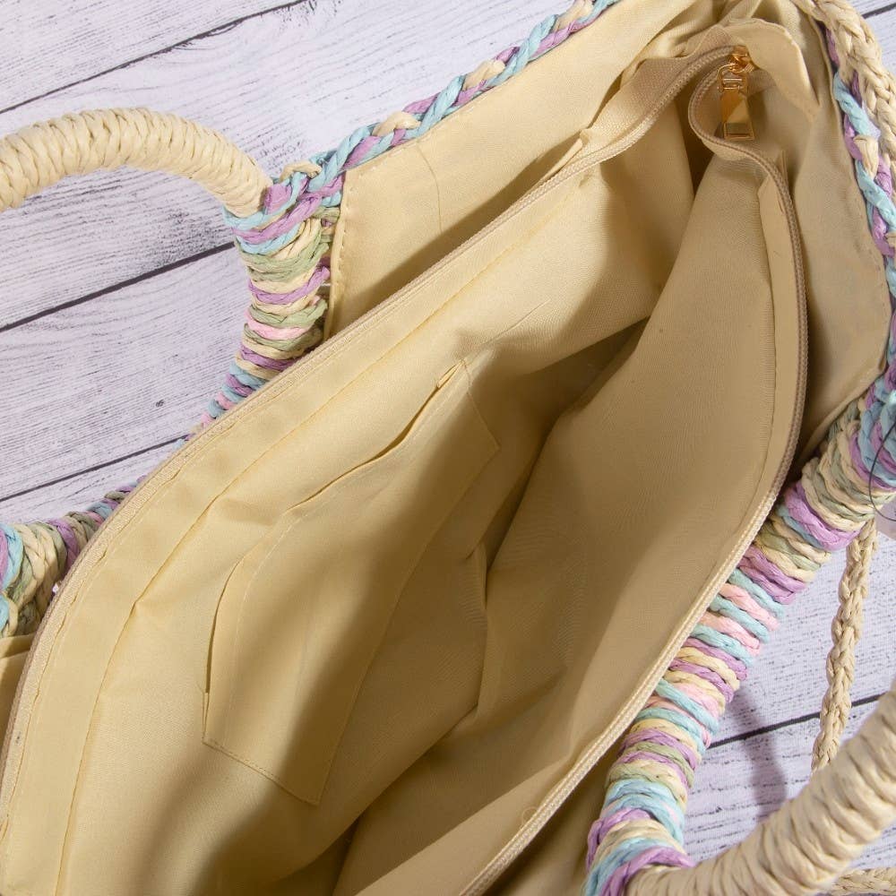 Multi Tone Straw Half Moon Round Handle Tote Bag