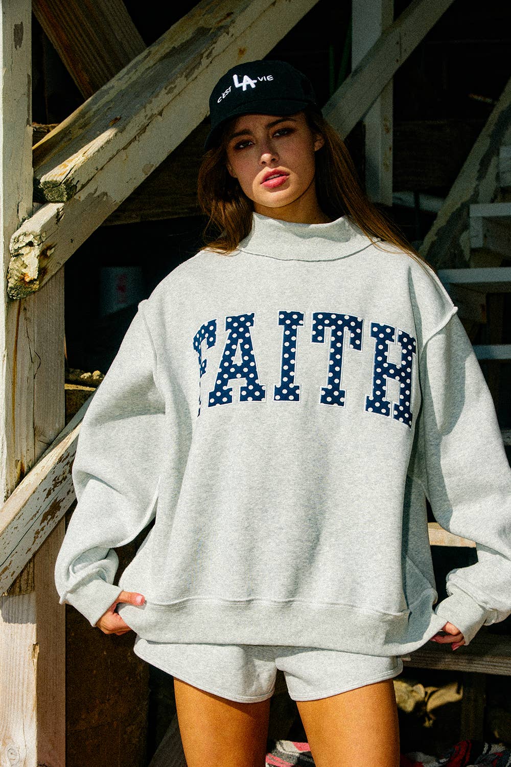 ‘FAITH’ Embroidered Polka-Dot Mock Neck Sweatshirt