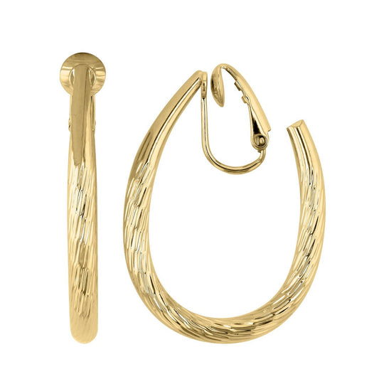 Gold Plated Tapered & Dia Cut Oval Hoop Clip Earrings