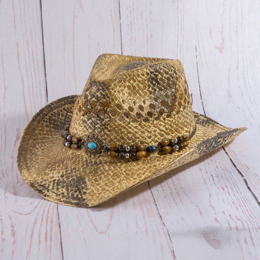 Western Straw Braided Beaded Strap Cowboy Hat