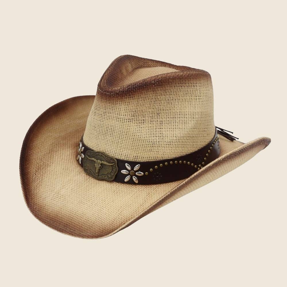 Western Long Horn Skull Embroidered Strap Straw Cowboy Hat