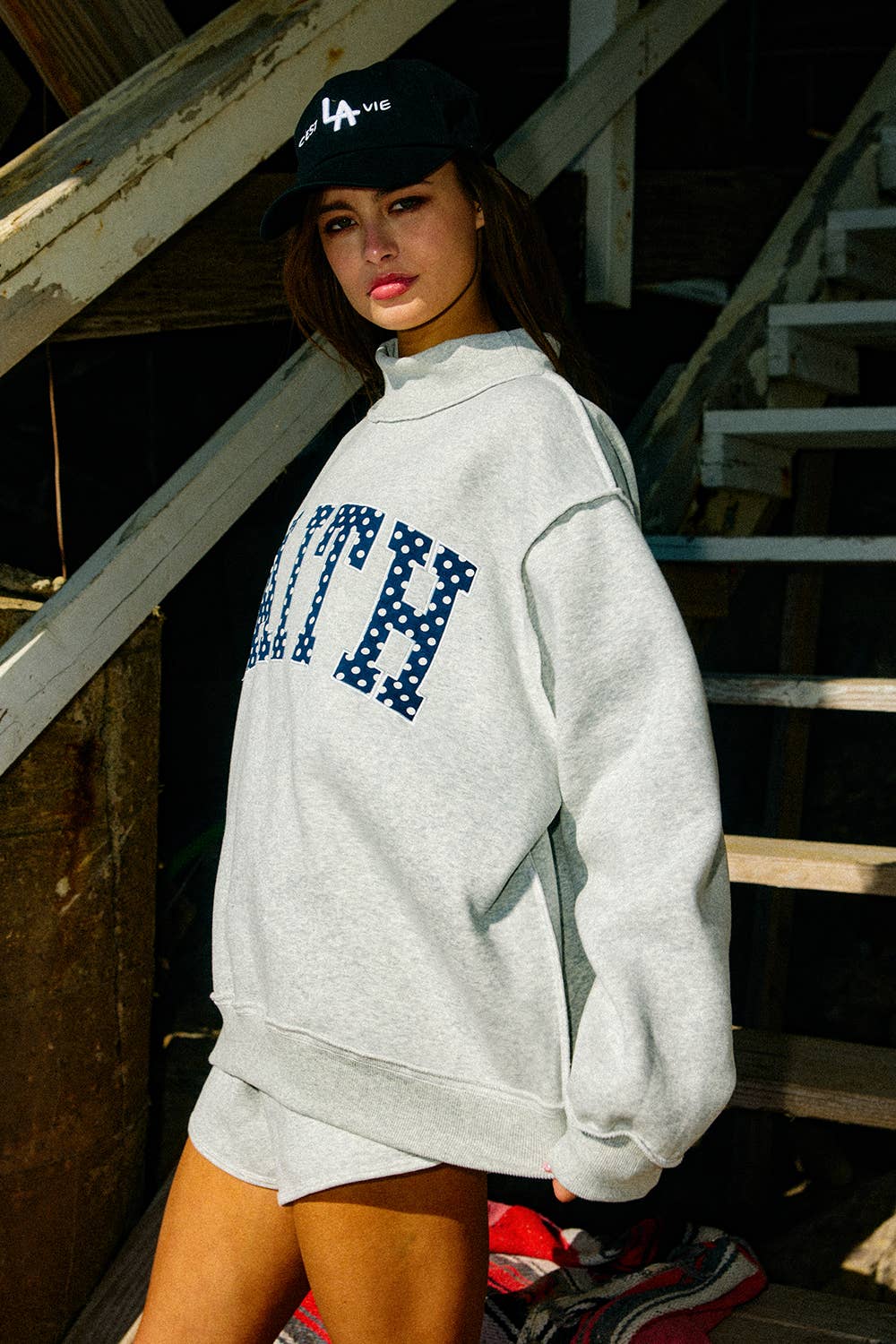 ‘FAITH’ Embroidered Polka-Dot Mock Neck Sweatshirt