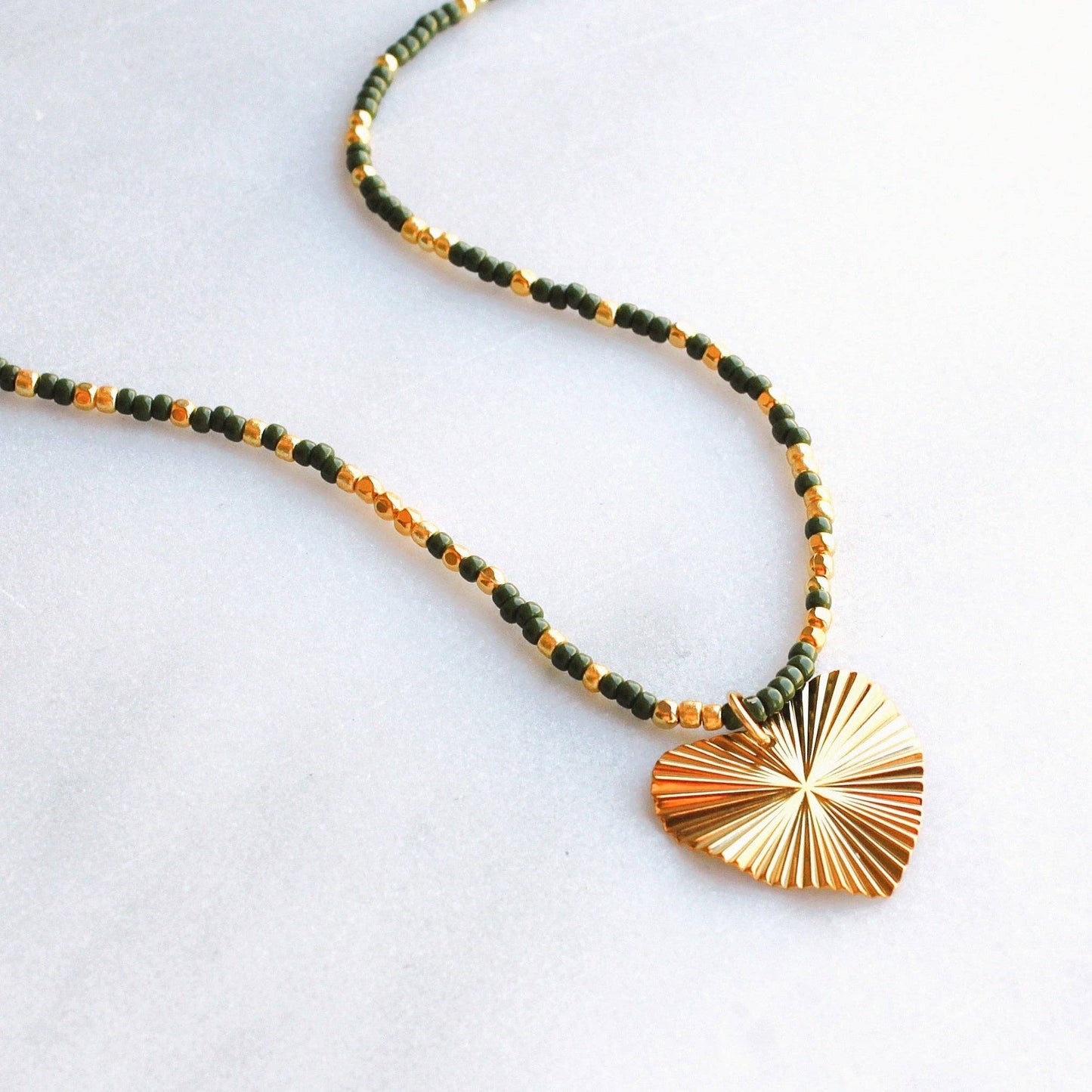 Gold Heart Pendant Necklace with Green & Gold Beaded Chain