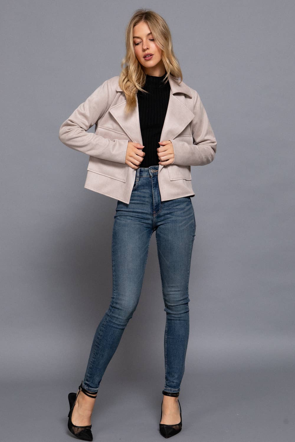 Long Sleeve Notched Collar Open Front Jacket