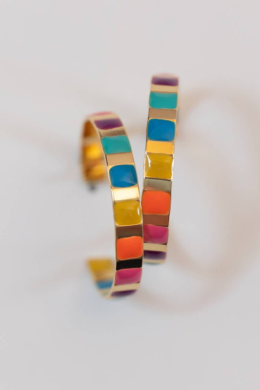 Gold and Rainbow Enamel Striped Hoop Statement Earrings