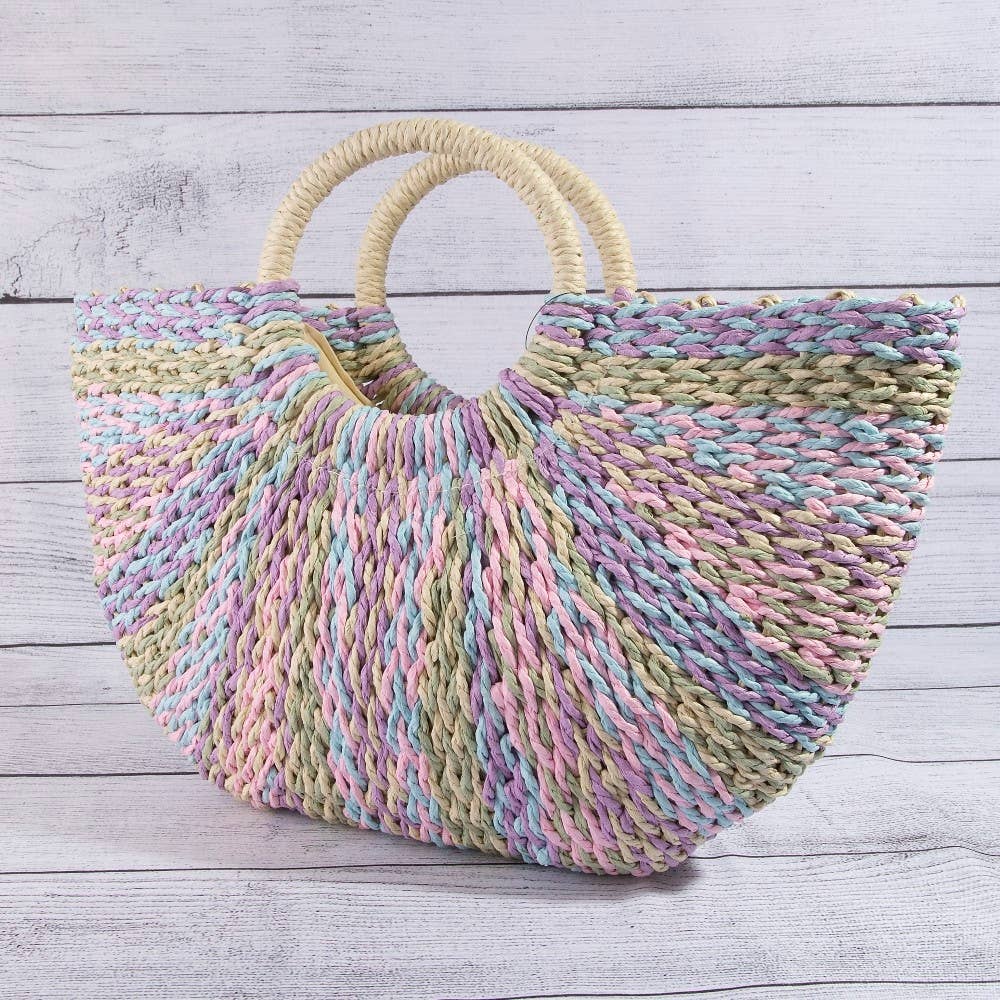 Multi Tone Straw Half Moon Round Handle Tote Bag