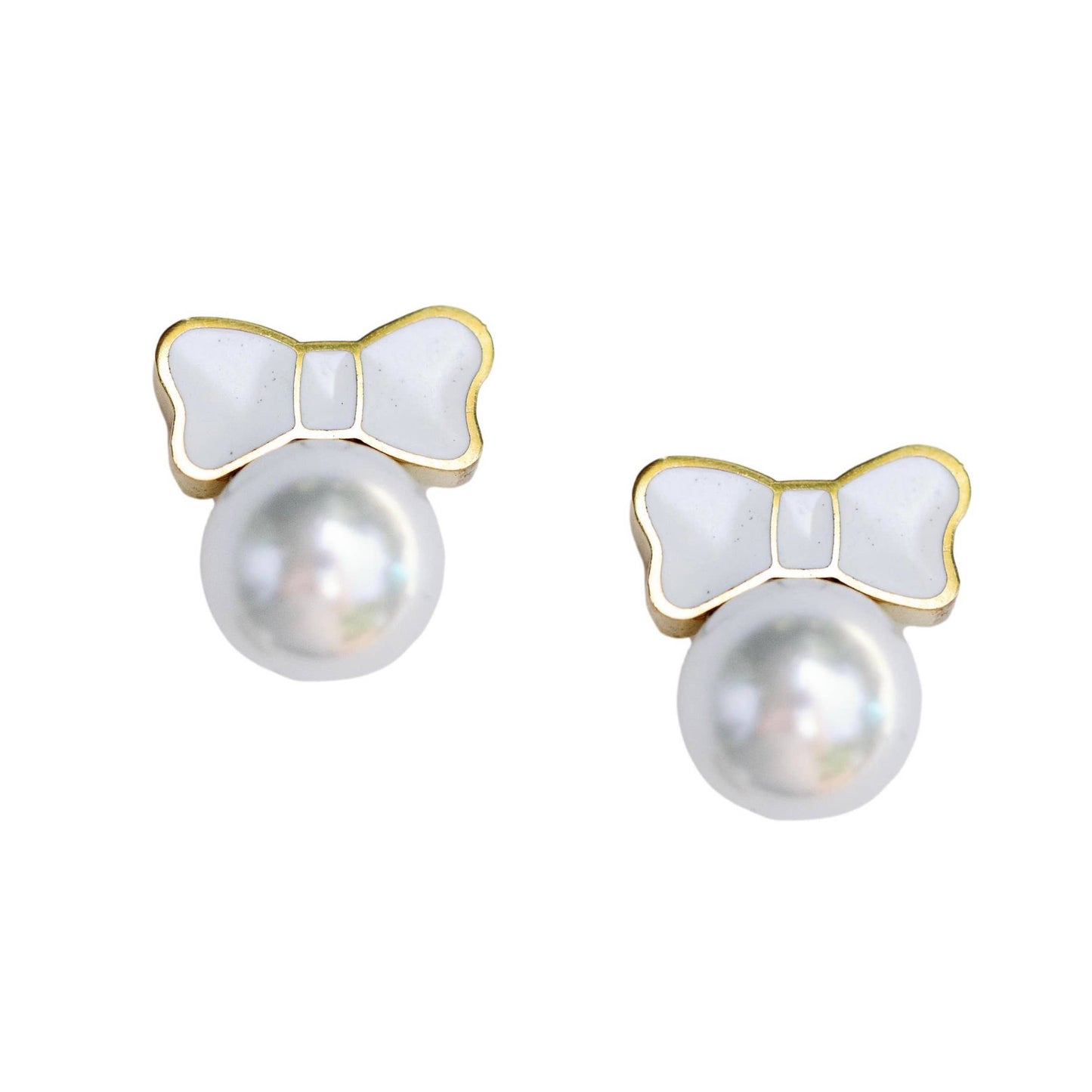 White Tuxedo Bow Mini Pearl Stud Earrings