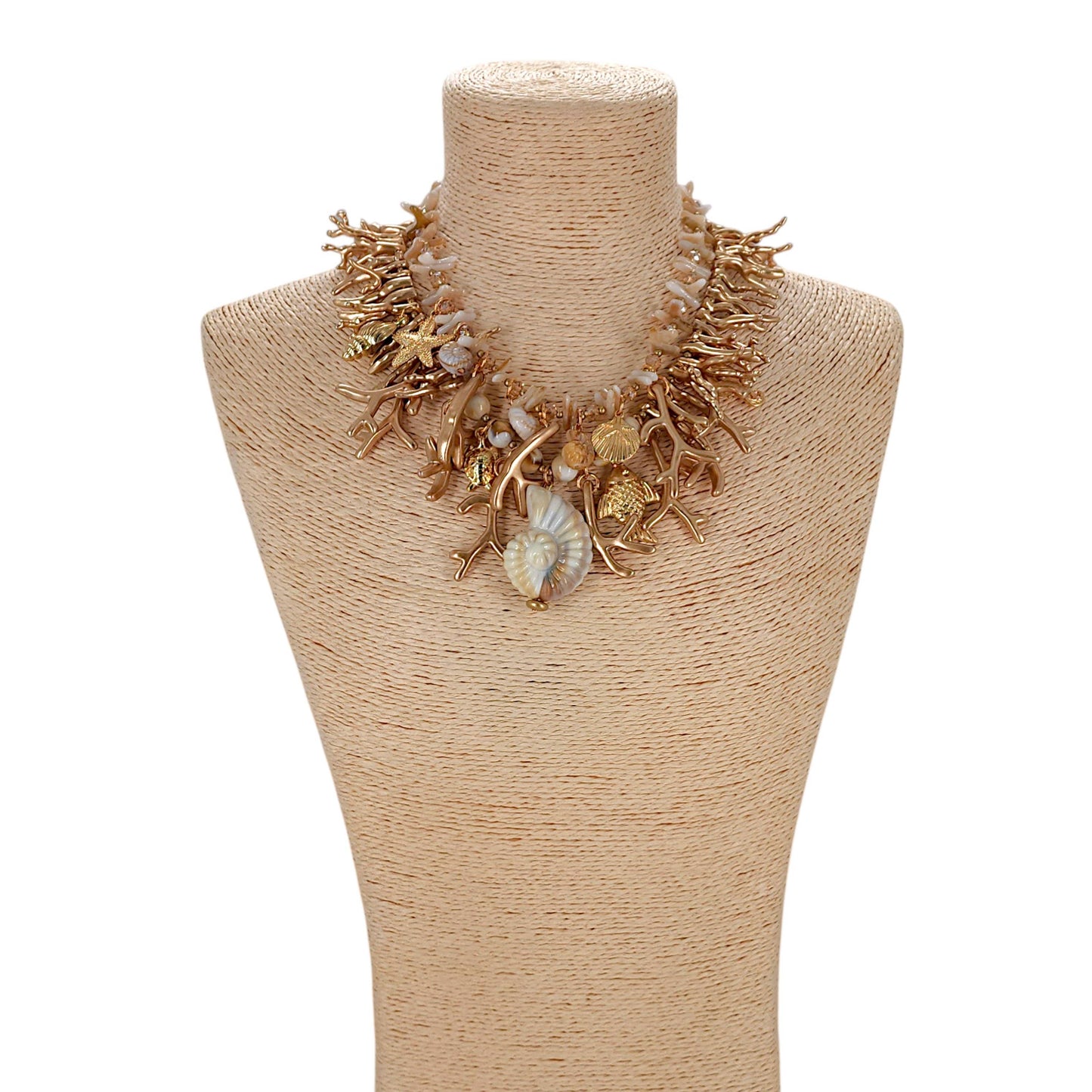 Gold Coral Branch Beaded Shell Necklace