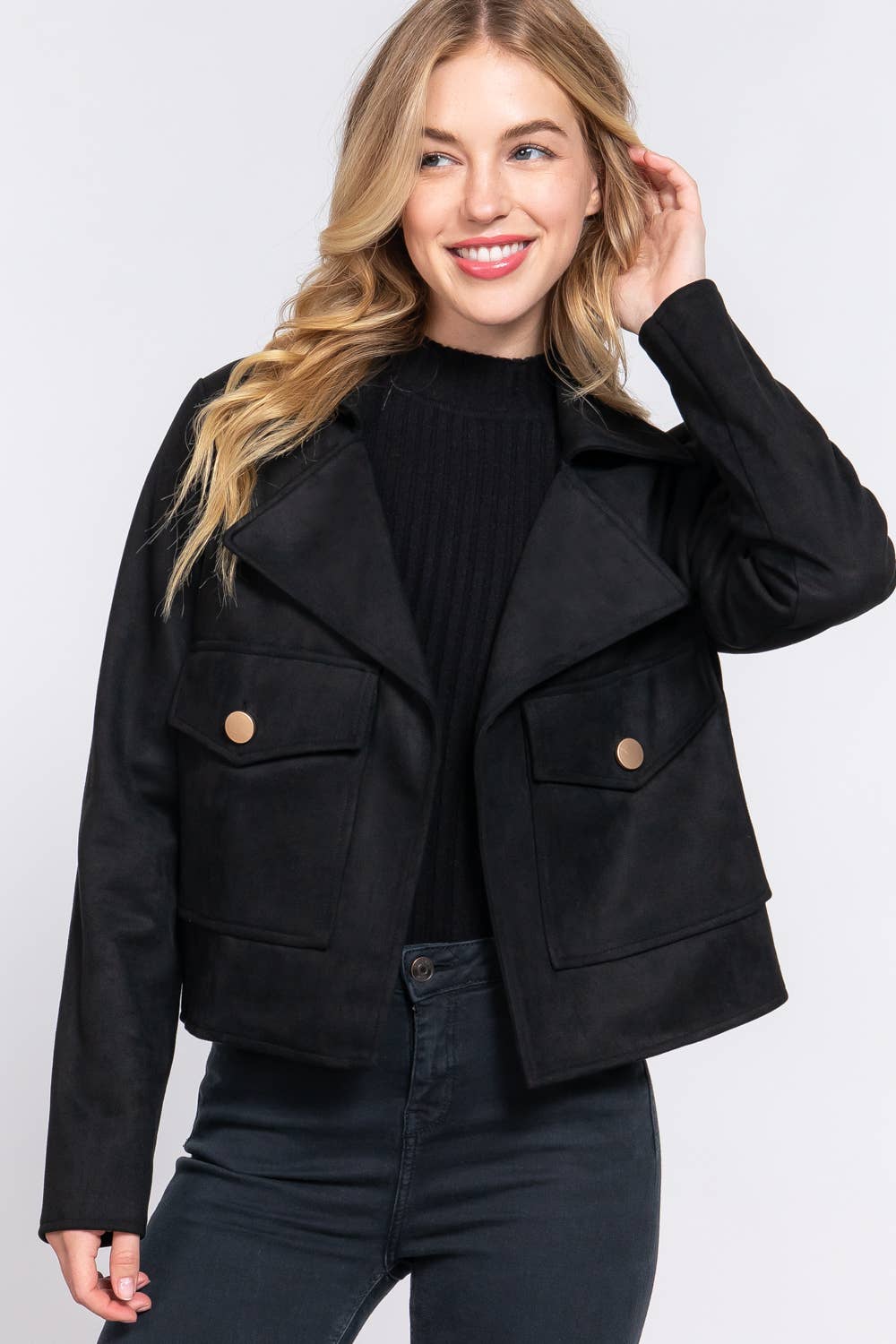 Long Sleeve Notched Collar Open Front Jacket