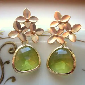 Peridot Apple Green Gold Cherry Blossom Earrings