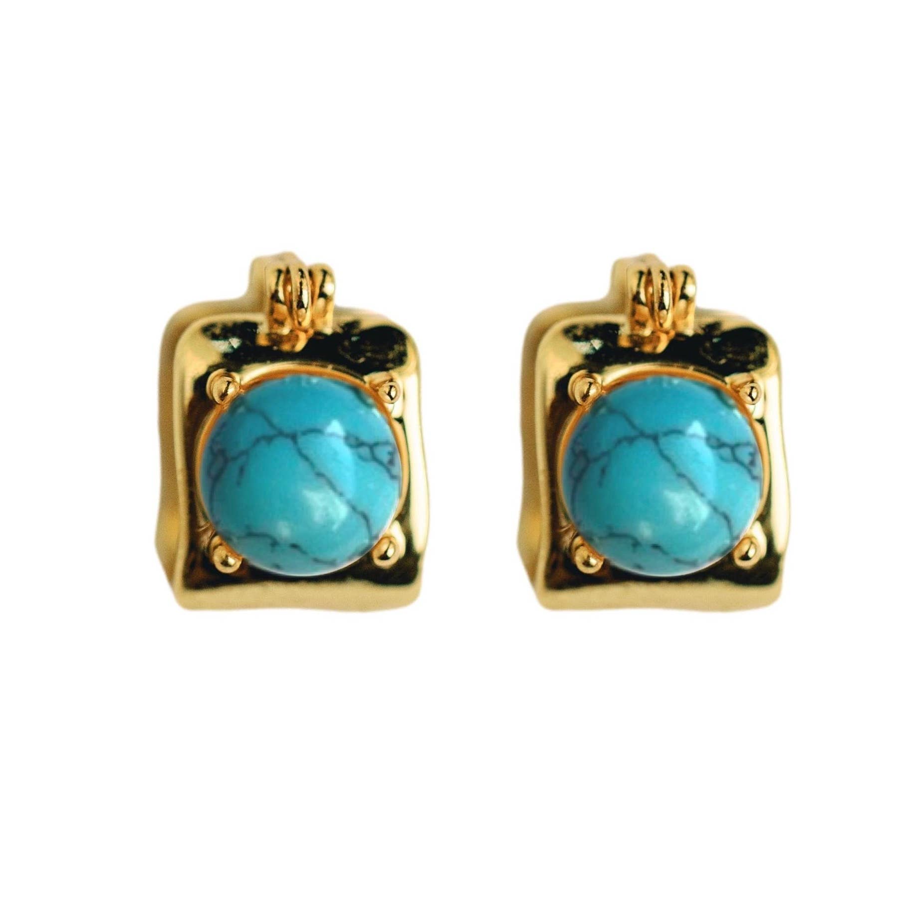 Vintage Mini Square Gold and Turquoise Huggie Hoop Earrings