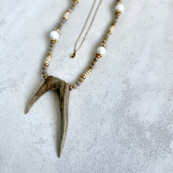 L Rae-Deer Fork & Neutral Wood Bead necklace